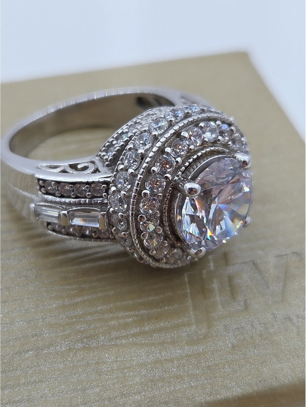 JTV SJD 925 Sterling Silver Round CZ Double Halo Baguette Cocktail Ring